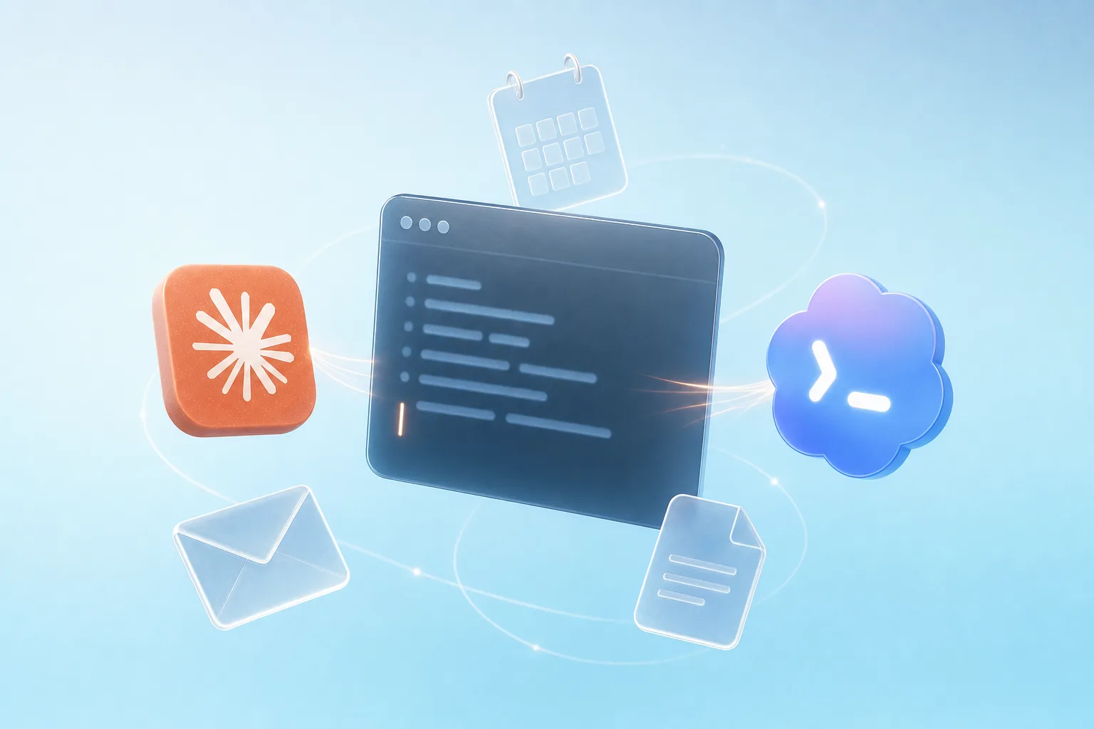 Illustration: Terminal aus dunklem Glas zwischen dem Claude- und dem Codex-Icon, Kalender und Mails kreisen darum