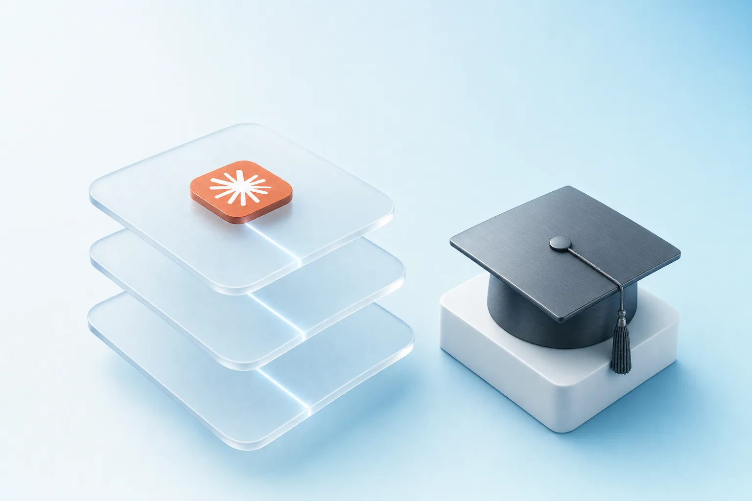 Illustration: drei Glasplatten als Lernstufen mit dem Claude-Icon, daneben ein Doktorhut