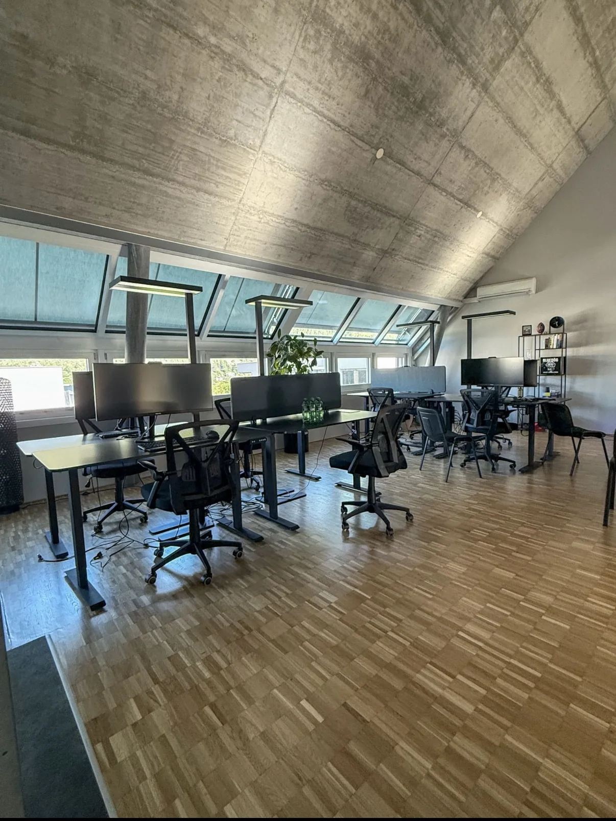 Shared Office im Dachgeschoss mit Fix-Desks, Monitoren und Oberlichtern